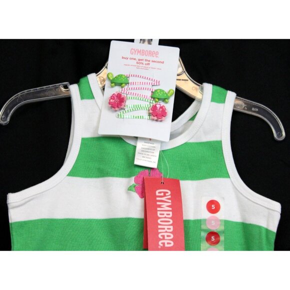 2008 Gymboree Tennis Match Shirt Set sz 5 NWT Green Striped Flower Barrettes - Picture 2 of 6